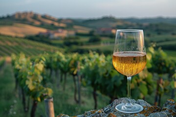 A glass of white wine on a stone wall with a vineyard landscape in the background during sunset.