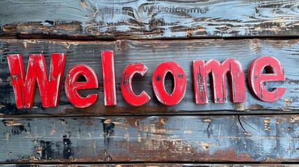 Red Welcome concept creative horizontal art poster. Photorealistic textured word Welcome on artistic background. Ai Generated Hospitality and Greetings Horizontal Illustration.