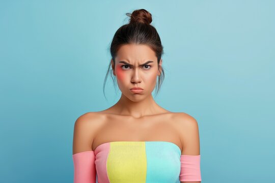 Angry woman isolated on pastel blue background.  Emotionally charged brunette lady. Spiteful,wrathful person. A female glowering into camera. Crook. Grumpy, irate girl. Mug face of a young girl. Sulky