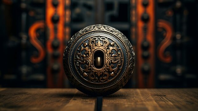 Traditional bronze door handle on a wooden door
