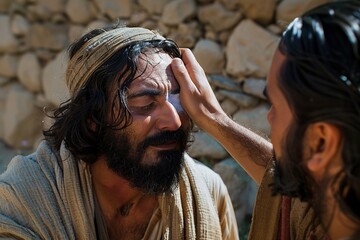Jesus healing a blind man. - obrazy, fototapety, plakaty