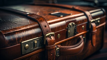 A close up view of a brown leather suitcase. This versatile image can be used to depict travel,...
