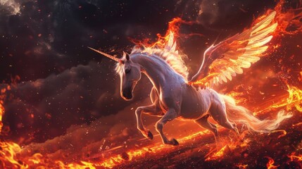 White unicorn with burning wings running on fire