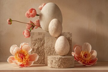 A beautifully composed still life featuring delicate flowers and stone eggs arranged on geometric blocks, conveying a sense of serenity and natural harmony