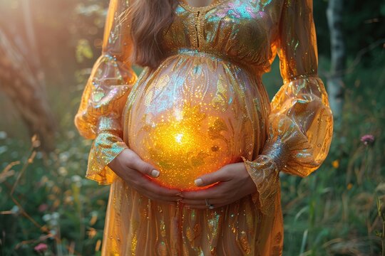 Woman holding her glowing pregnant belly.	