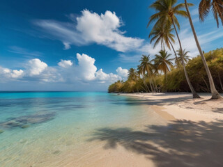 Turquoise water of a tropical sea, palm trees along the beach, feathered clouds, generative ai