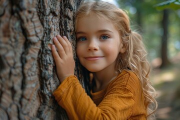 A happy child is hiding behind a tree.