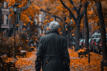 An elderly man walking down a tree-lined street blanketed with autumn leaves, representing the freedom that comes with well-funded retirement savings.