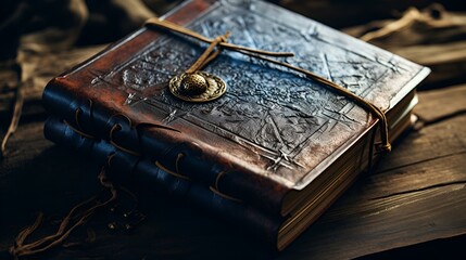 Inscription Ancient Old fashioned leather hard cover book.
