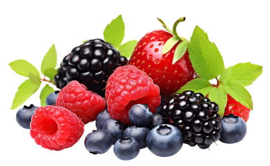 Vibrant collection of ripe berries, featuring strawberries, blackberries, raspberries, and blueberries, cut out