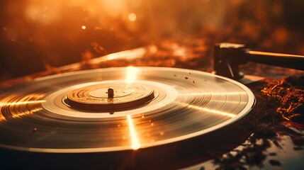 Vintage Vinyl Record Playing on a Turntable with Warm Sunset Light
