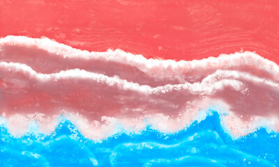 Beach. Sea. Wave. Top view, drawn with brush strokes. The effect of painting with watercolor