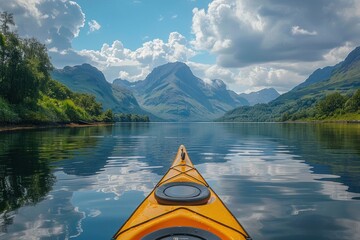 The bow of a yellow kayak navigates a calm lake reflecting the mountainous landscape and cloudy skies. a serene kayaking trip on a mirror-like lake
