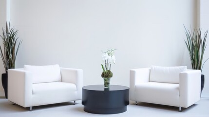 event space at a conference, 2 modern sofas and a low level table, minimal white background, low angle shot