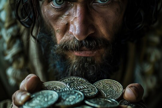 Judas Iscariot with 30 pieces of silver, Bible story.