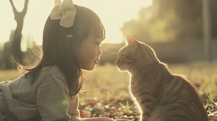 The cat is helping an autistic little girl learn about the beauty of the world - obrazy, fototapety, plakaty