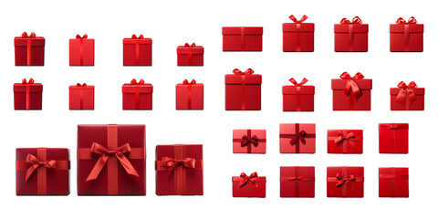 Collection of red gift box isolated on a white background as transparent PNG