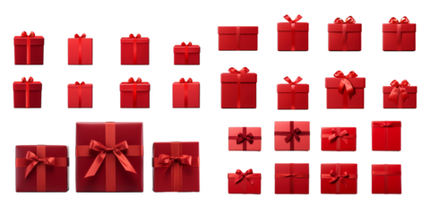 Collection of red gift box isolated on a white background as transparent PNG