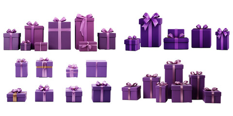 Collection of purple gift box isolated on a white background as transparent PNG