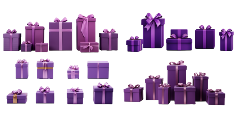 Collection of purple gift box isolated on a white background as transparent PNG