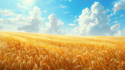 detailed and vibrant image of a vast wheat field, capturing the essence of a serene and bountiful harvest season. The field should be sprawling and golden, with tall stalks of wheat gently swaying und