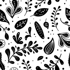 Seamless neo folk art vector pattern with flowers, black and white floral design. Neo folk style endless background perfect for textile design.