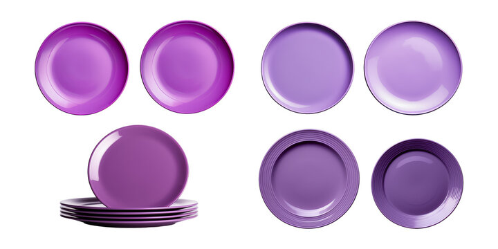 Collection of purple plate isolated on a white background as transparent PNG