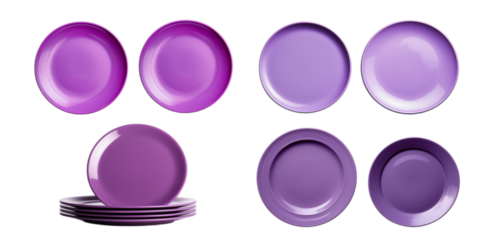 Collection of purple plate isolated on a white background as transparent PNG