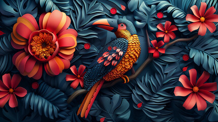Colorful exotic paper birds in  paper flowers