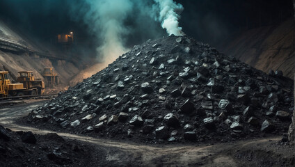 Heap of coal in a mine Industrial coal mining - obrazy, fototapety, plakaty