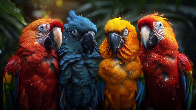 Four colorful tropical parrots in the rain