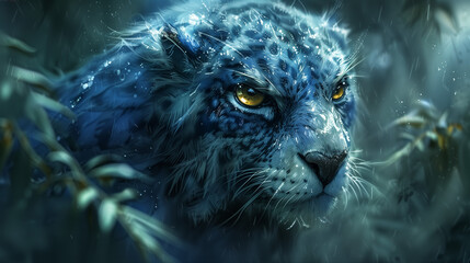 Face of magical snow leopard in the rain closeup - obrazy, fototapety, plakaty