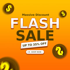 Flash Sale Banner with Stylish Gradient Background and offer up to 35% off. Shop Now. Vector Illustration. Flash Sale Banner with Dollar Sign.