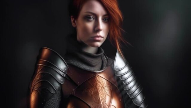 medieval female warrior in armor, young woman as knight, fantasy character, Generative AI,