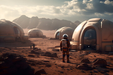 astronaut colony on mars resting and taking in the view - obrazy, fototapety, plakaty