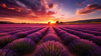 Lavender field in bloom with colorful sky at dusk