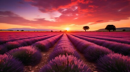Lavender field in bloom with colorful sky at dusk
