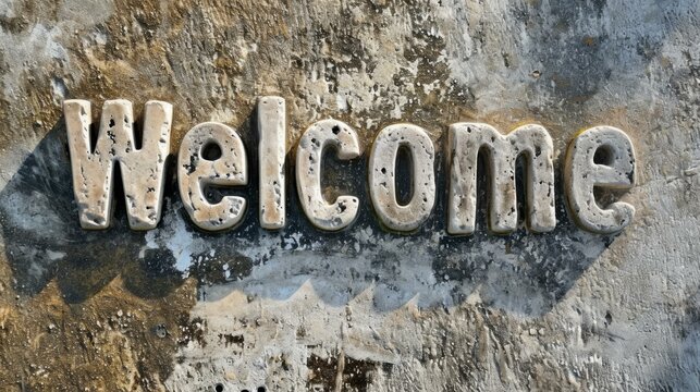 Travertino Welcome concept creative horizontal art poster. Photorealistic textured word Welcome on artistic background. Ai Generated Hospitality and Greetings Horizontal Illustration.