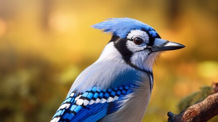 Close-up of a blue jay bird with vibrant feathers and crest on a tree branch