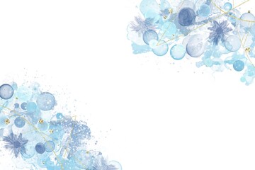 Fototapeta na wymiar 春夏用アルコールインクアートテンプレート。白背景に水色の花とシャボン玉と金色幾何学模様