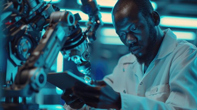 A focused engineer inspects robotics components, working in a high-tech blue-toned laboratory, representing innovation and precision