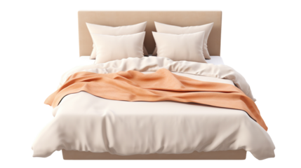 Cozy modern bedroom setting with unmade bed and neutral colored bedding, cut out