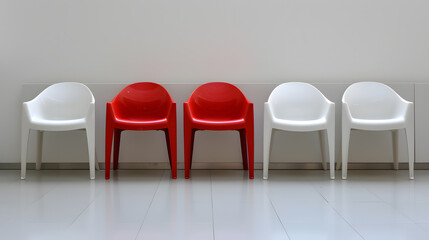 An illustration of the uniqueness of red colored chairs that stand out distinctively among other white colored ones