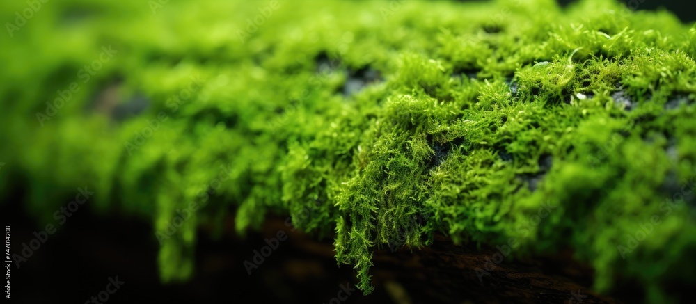 Poster this close-up view showcases vibrant green moss growing abundantly on the rough bark of a tree trunk