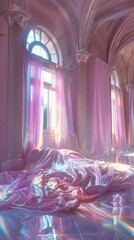 A dreamlike interior with ornate classical architecture bathed in pink and purple light, shimmering...