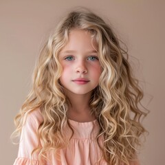 beautiful girl with lush wavy developing blond hair. portrait of a child with curly hair