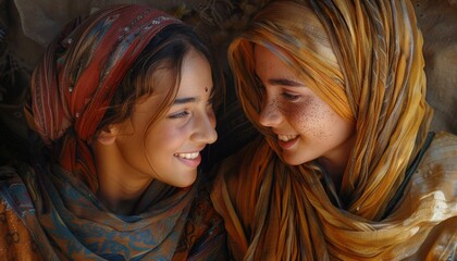 Two women share a joyful moment, wearing colorful traditional headscarves with intricate patterns - obrazy, fototapety, plakaty