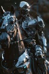 Fototapeta na wymiar Close-up of a robotic knight riding a horse in a dark 3D environment, with transformative features