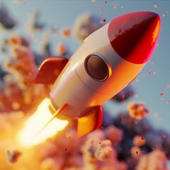 Close-up, bright depiction of a 3D business rocket launching, capturing the essence of innovation and ambition