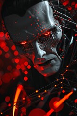Close-up, bright visualization of a 3D vampire with quantum computing elements, in a random, captivating setting